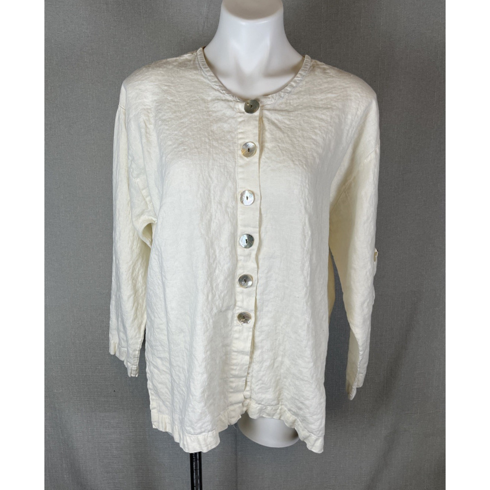 VTG 100% Linen Shirt Womens Size S Long Sleeve Top Oyster Button Up Tunic Beachy